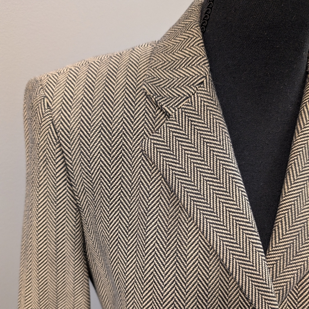 CHAPS Ralph Lauren Herringbone Blazer Jacket Black Tan Cotton Tailored Size 6 - Picture 2 of 16